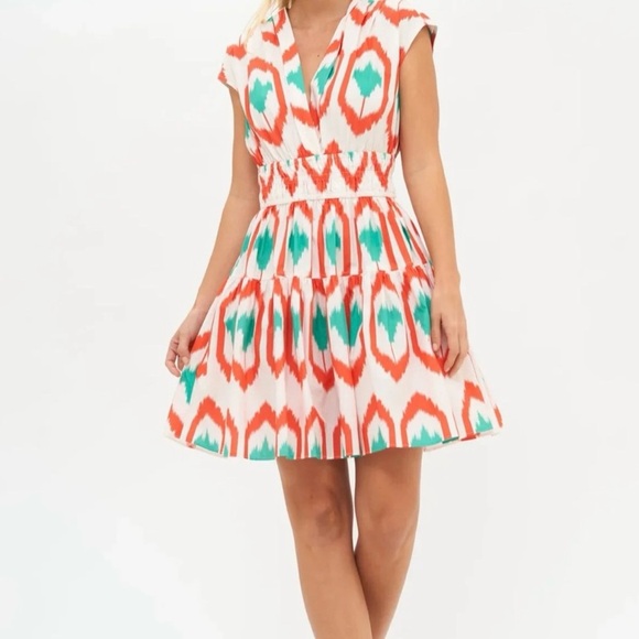 Oliphant Smocked Waist Mini Dress in Odisha Coral Print Women's Sz S Orange Teal - Picture 2 of 14